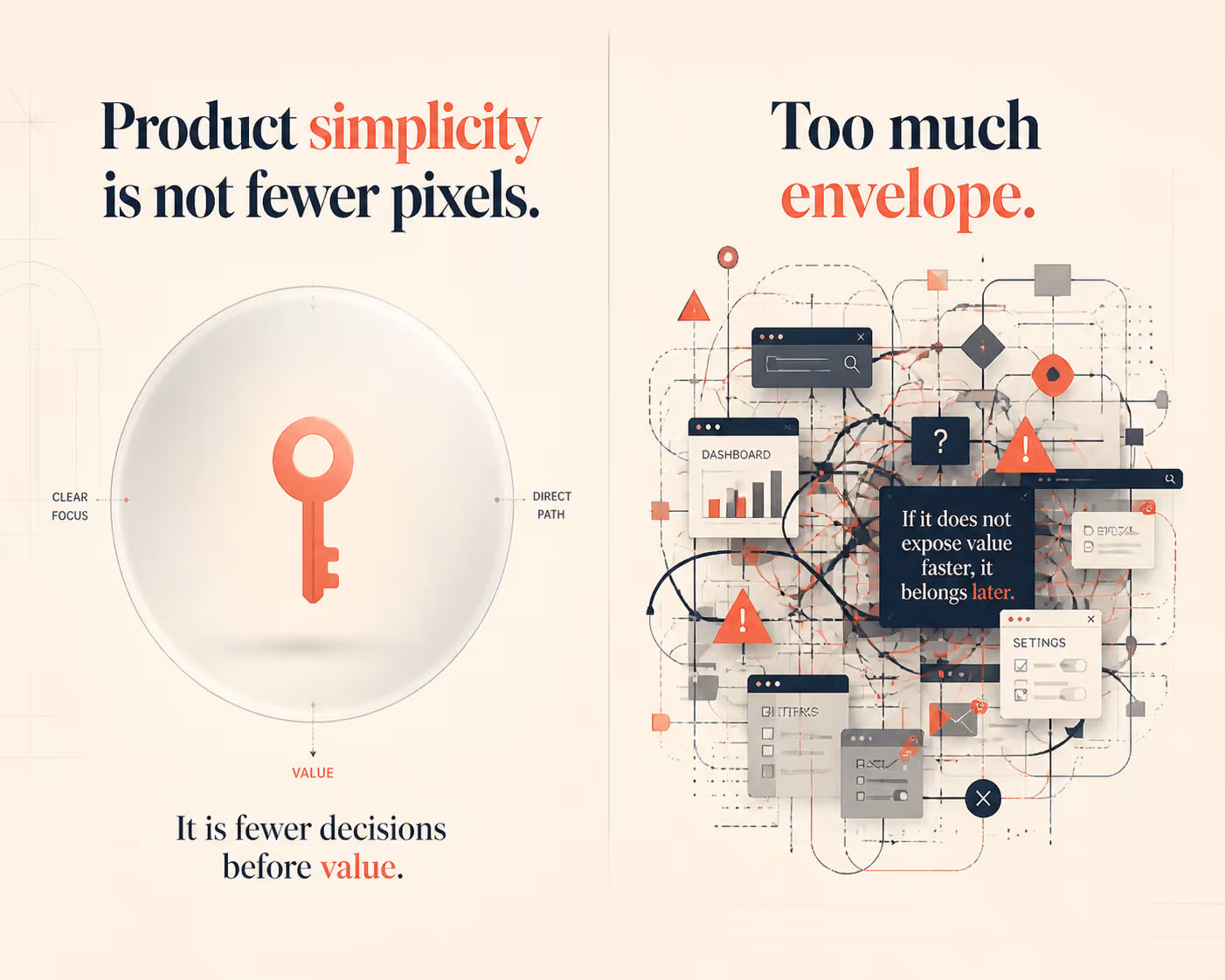 Product design diagram showing interface complexity as the envelope and the core workflow as the letter
