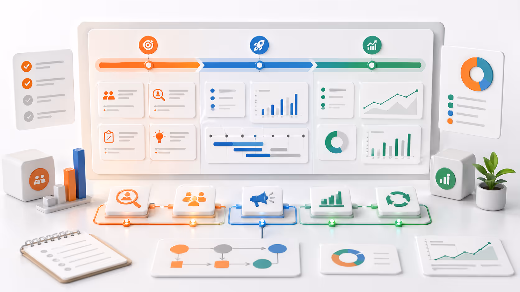 Product launch strategy roadmap showing pre-launch planning, launch execution, and post-launch optimization