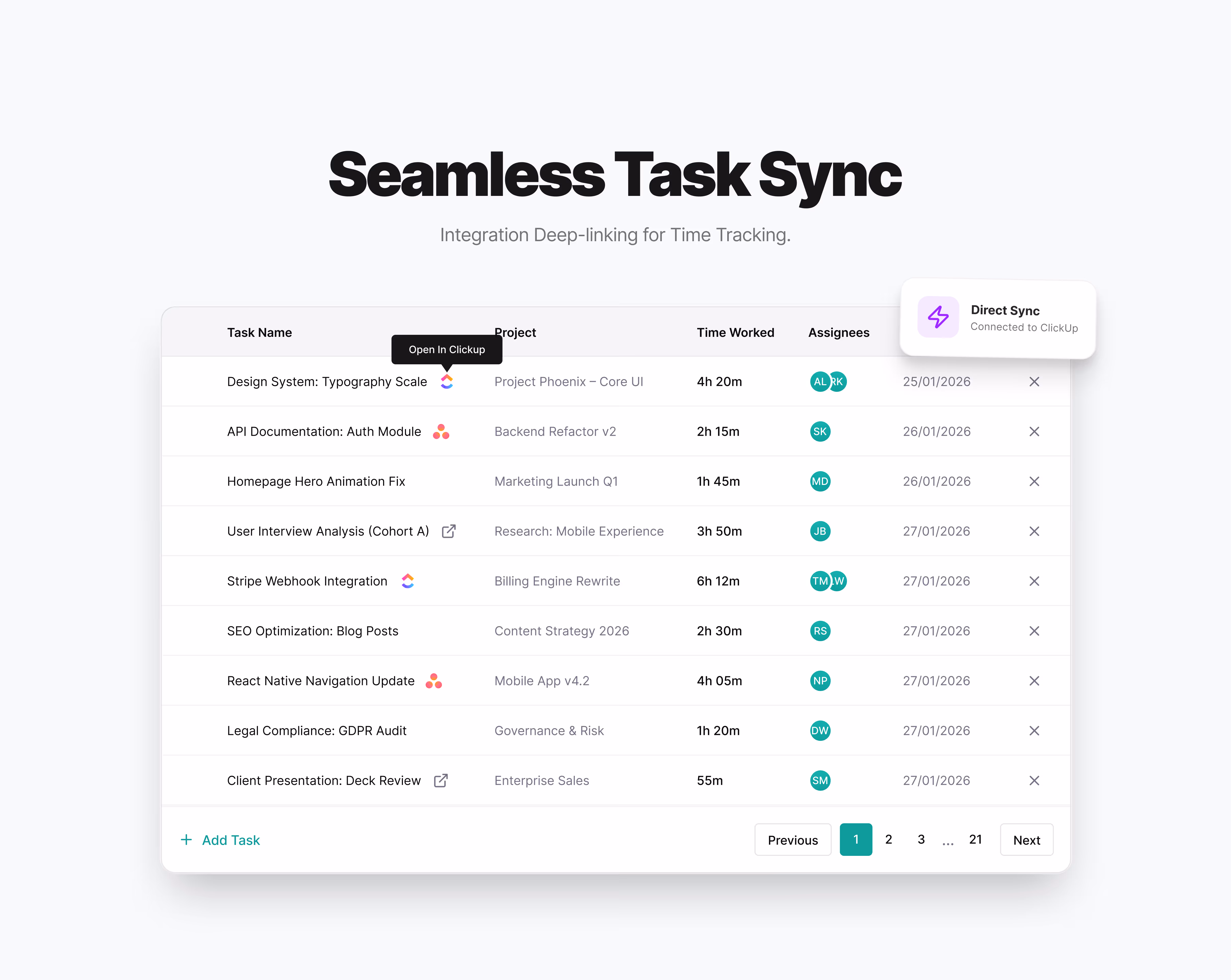 The updated UI featuring a direct deep-link button next to the task name, allowing users to quickly open the task in the source platform